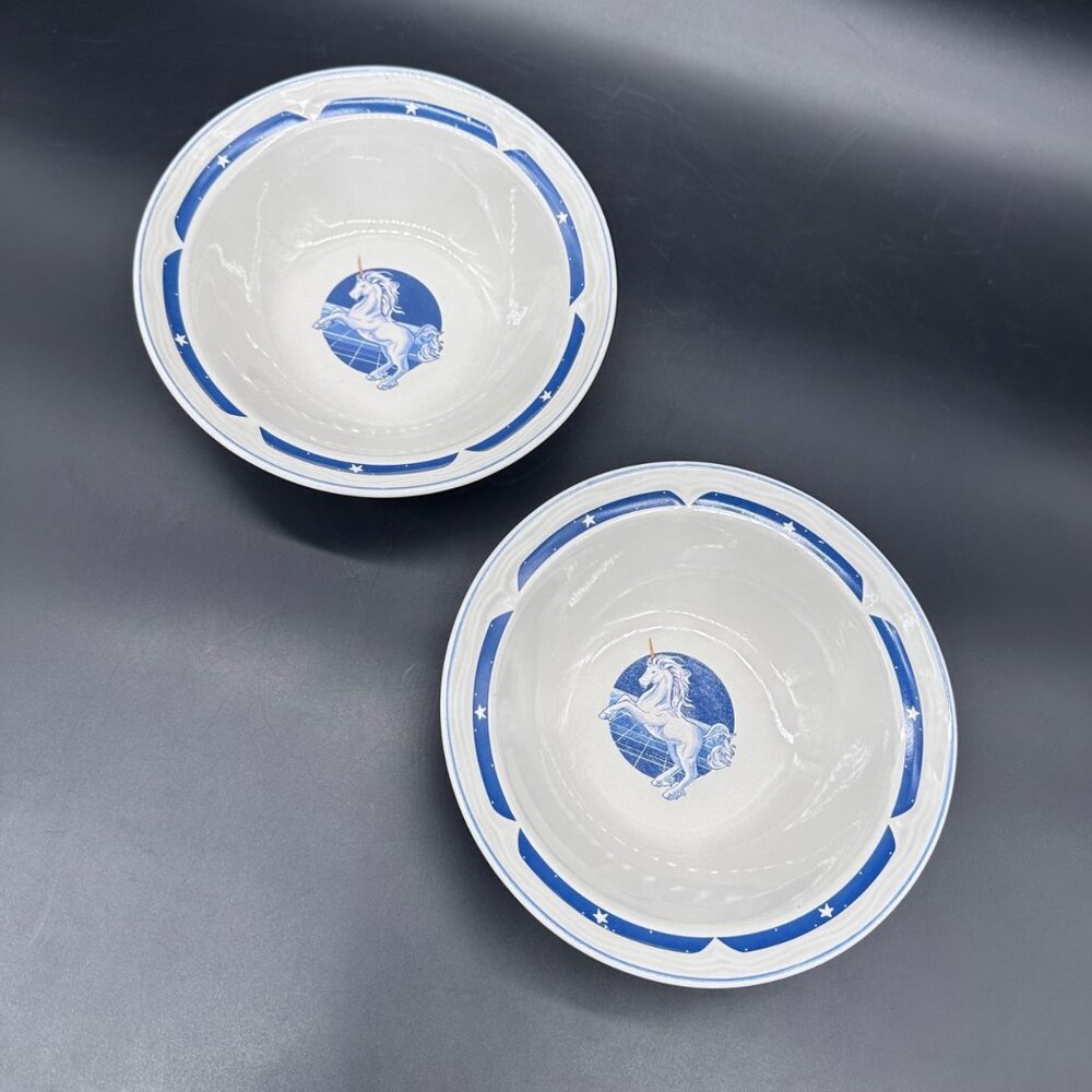 Vintage Bowls Tienshan Unicorn Blue White 1980s Grid Fantasy Mystical Beast